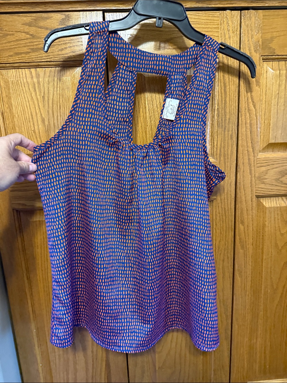 Sleeveless Printed Keyhole-Back Camisole - Navy & Orange- Medium